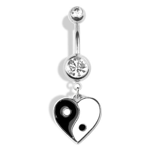 Yin Yang Heart CZ Dangle Belly Button Ring 14G 316L Surgical Steel