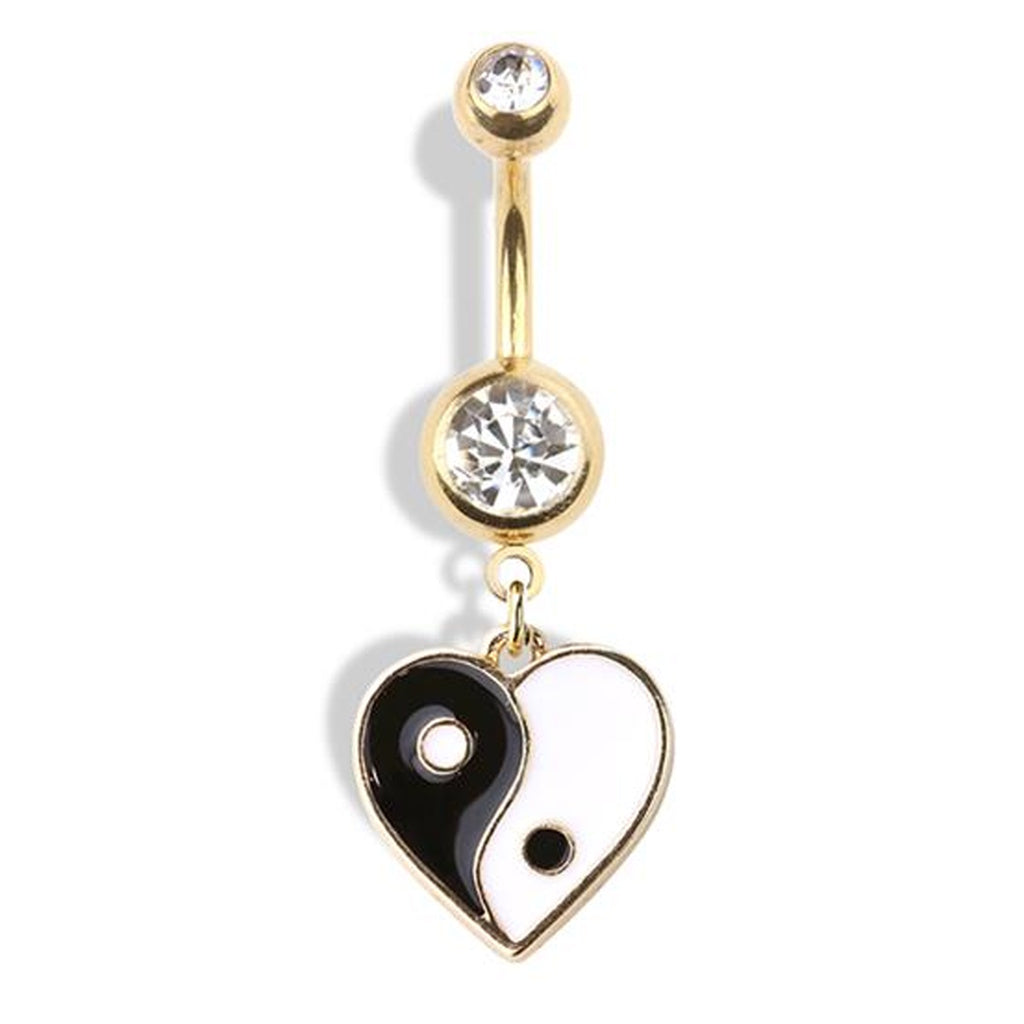 Yin Yang Heart CZ Dangle Belly Button Ring 14G 316L Surgical Steel