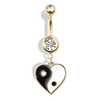 Yin Yang Heart CZ Dangle Belly Button Ring 14G 316L Surgical Steel