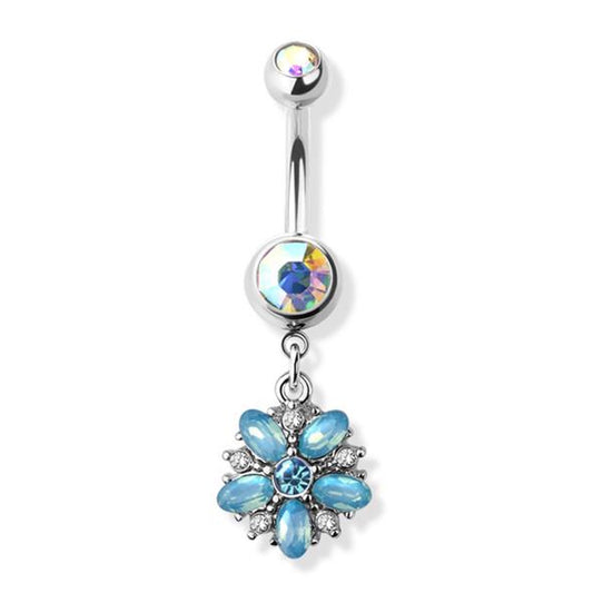 14G Surgical Steel Blue Flower Dangle Belly Button Ring With Aurora Borealis CZ
