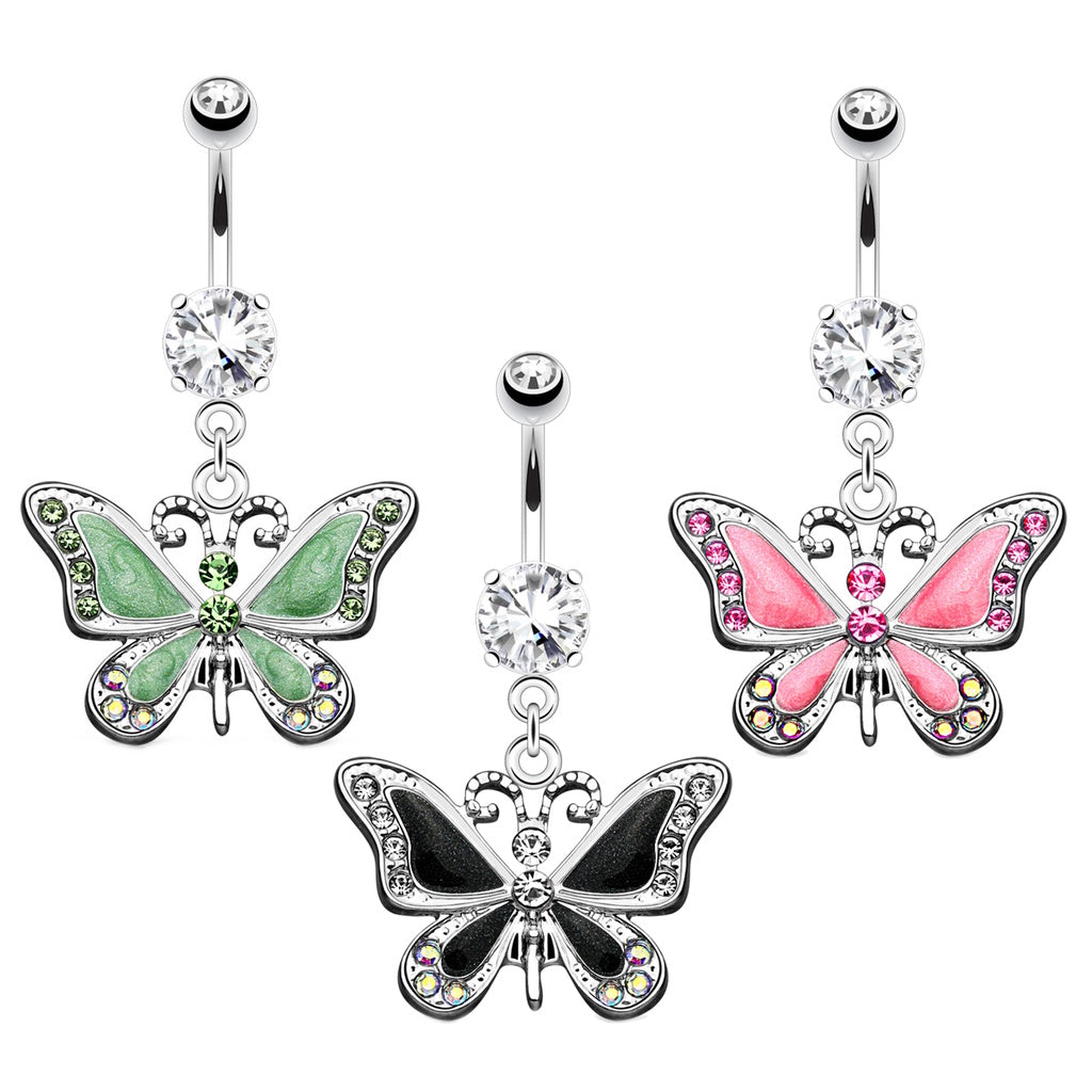 Butterfly CZ Dangle Belly Button Ring 14G 316L Surgical Steel