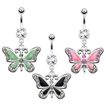 Butterfly CZ Dangle Belly Button Ring 14G 316L Surgical Steel