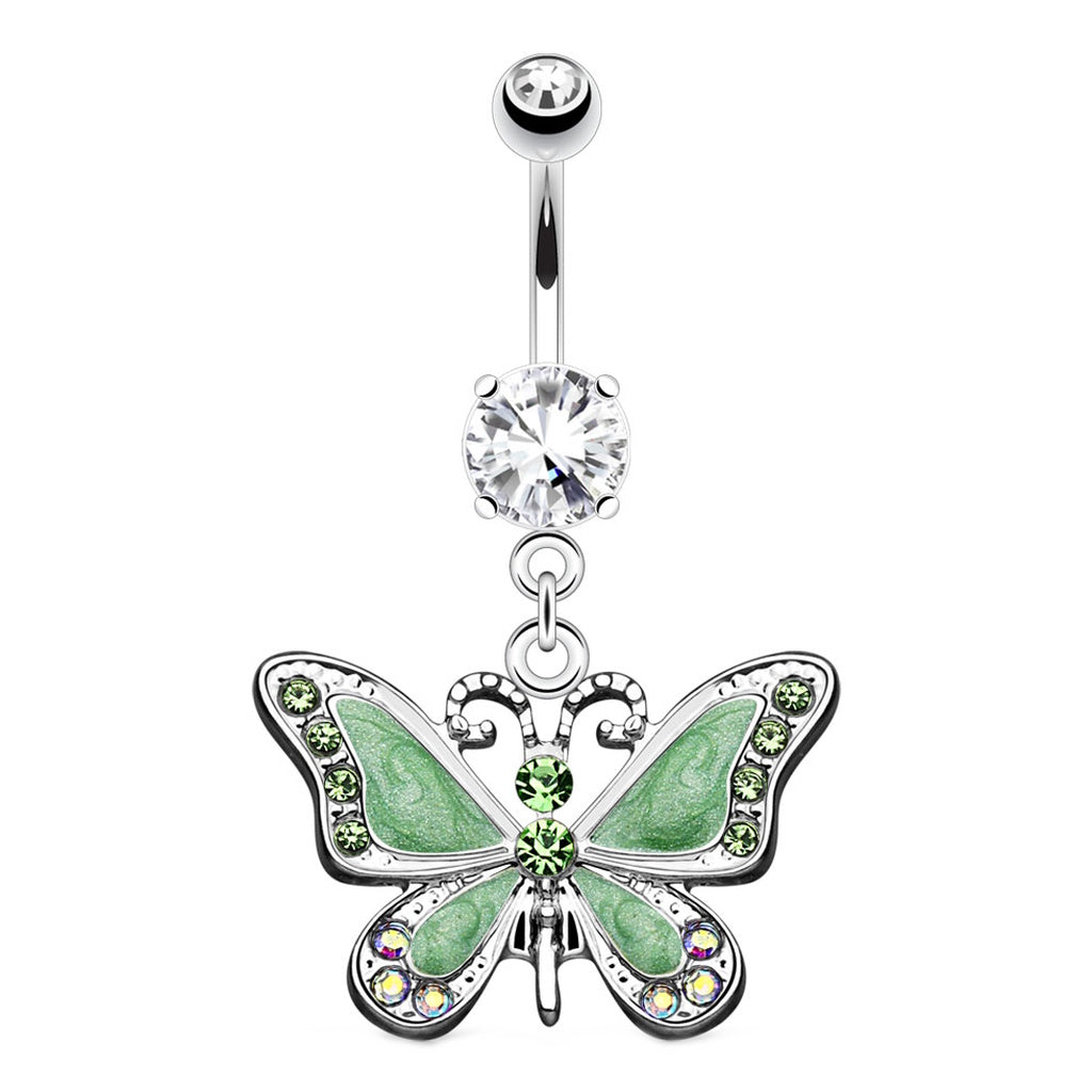 Butterfly CZ Dangle Belly Button Ring 14G 316L Surgical Steel