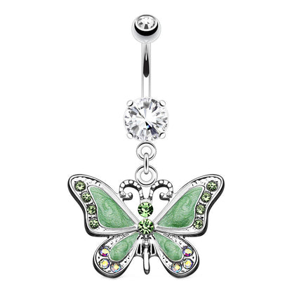 Butterfly CZ Dangle Belly Button Ring 14G 316L Surgical Steel