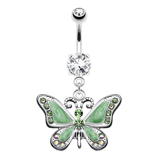 Butterfly CZ Dangle Belly Button Ring 14G 316L Surgical Steel