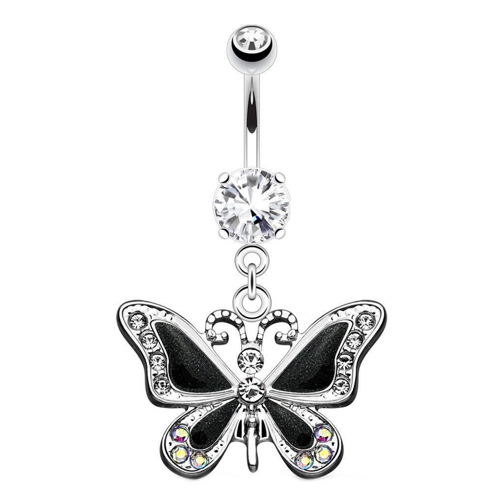 Butterfly CZ Dangle Belly Button Ring 14G 316L Surgical Steel