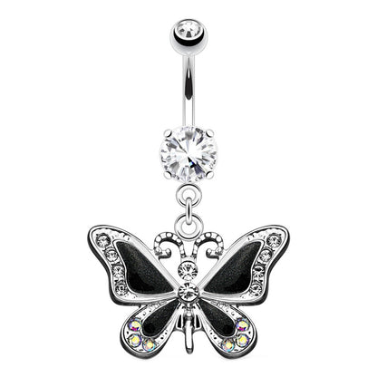 Butterfly CZ Dangle Belly Button Ring 14G 316L Surgical Steel