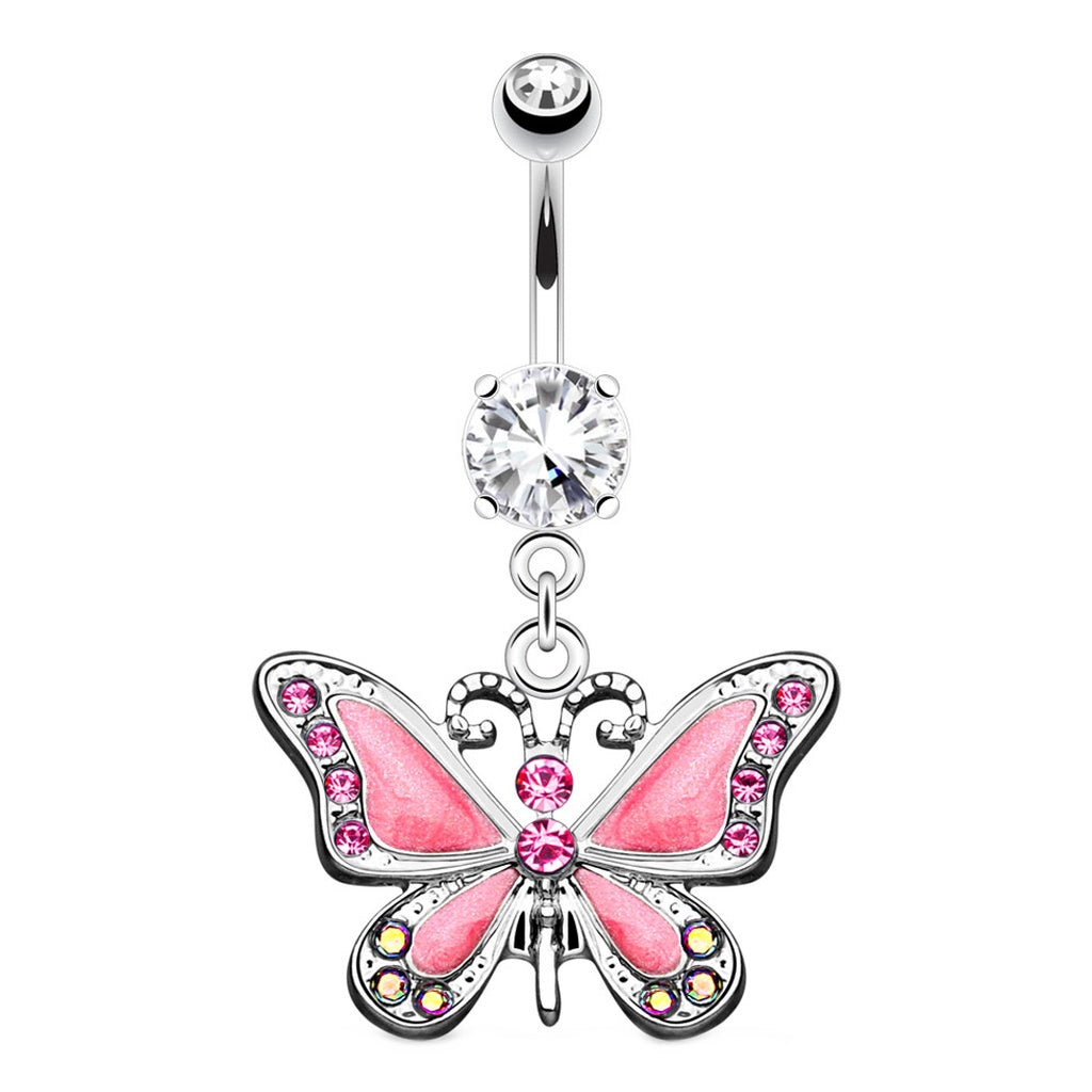 Butterfly CZ Dangle Belly Button Ring 14G 316L Surgical Steel