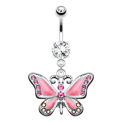 Butterfly CZ Dangle Belly Button Ring 14G 316L Surgical Steel