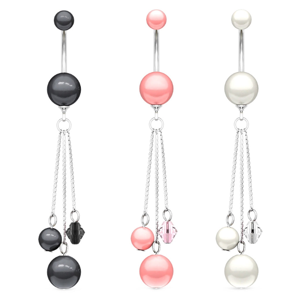 Multi-Chain Dangle Belly Ring 14G Pearl Coated Balls