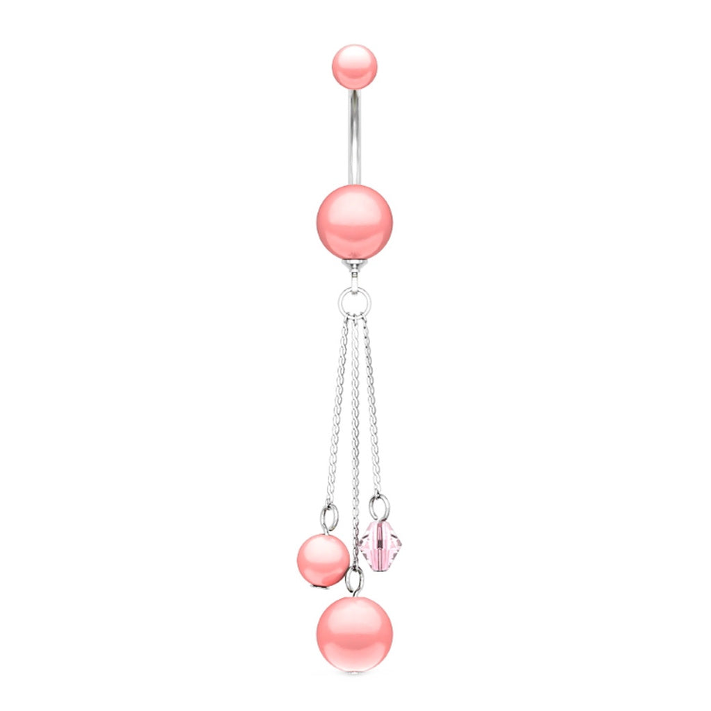 Multi-Chain Dangle Belly Ring 14G Pearl Coated Balls