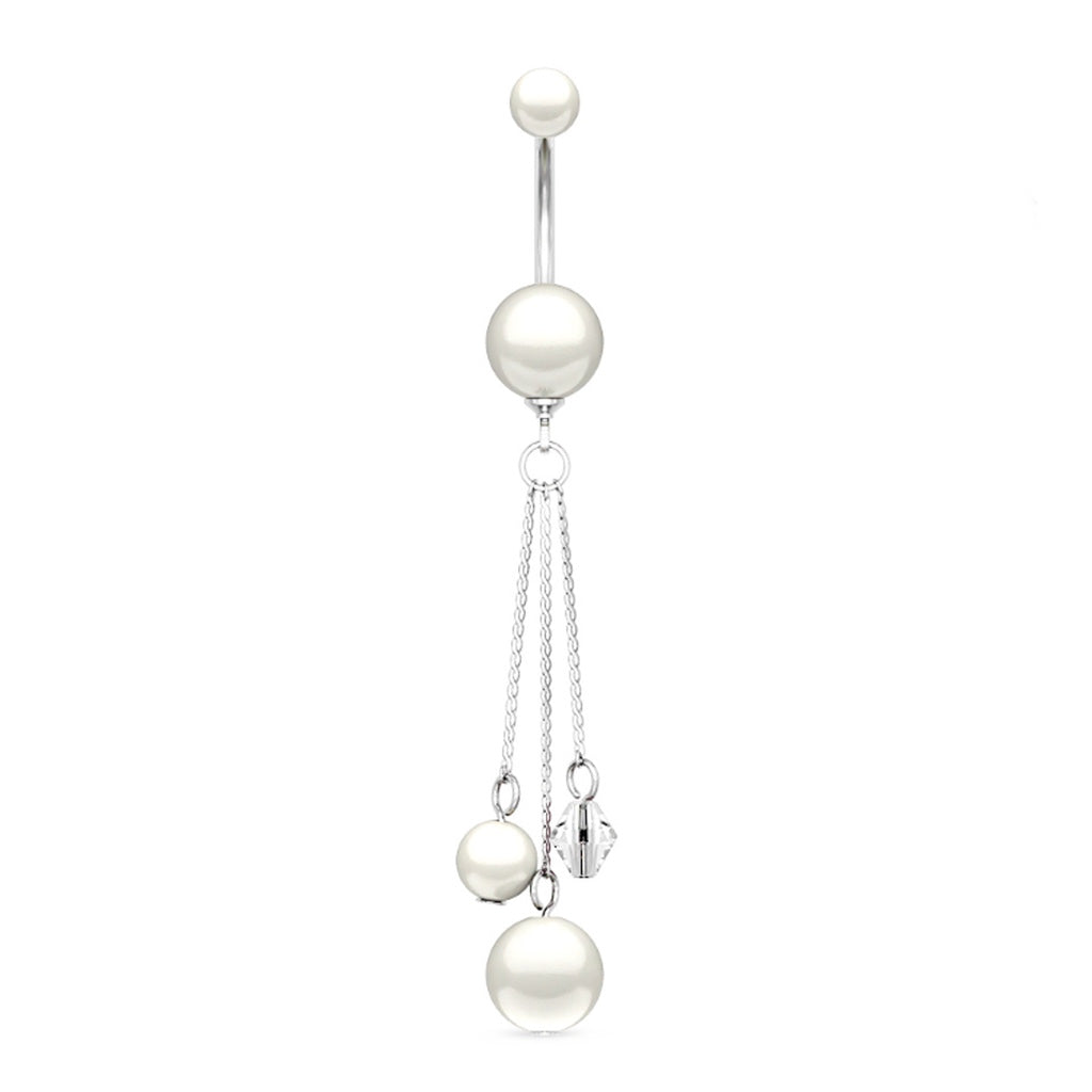 Multi-Chain Dangle Belly Ring 14G Pearl Coated Balls