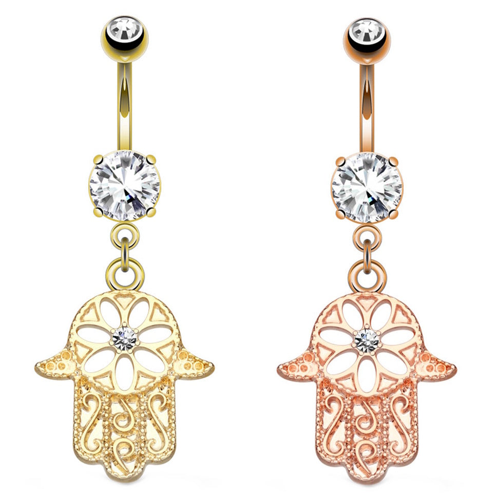 Hamsa Hand Dangle Belly Button Ring 14G 316L Surgical Steel