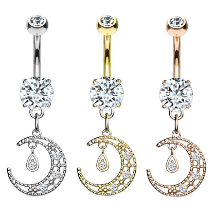 Crescent Moon CZ Dangle Belly Ring 14G 316L Surgical Steel