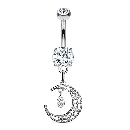 Crescent Moon CZ Dangle Belly Ring 14G 316L Surgical Steel