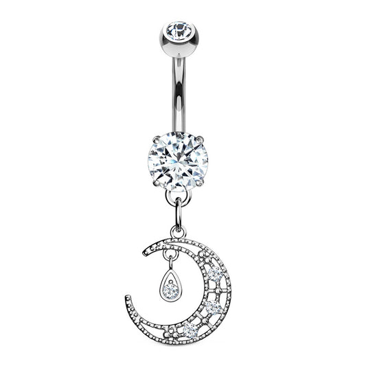Crescent Moon CZ Dangle Belly Ring 14G 316L Surgical Steel