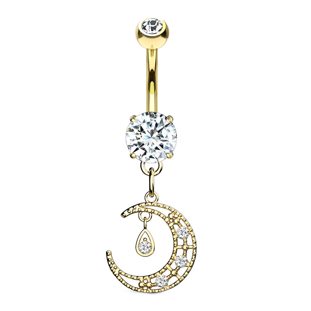 Crescent Moon CZ Dangle Belly Ring 14G 316L Surgical Steel