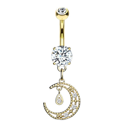 Crescent Moon CZ Dangle Belly Ring 14G 316L Surgical Steel
