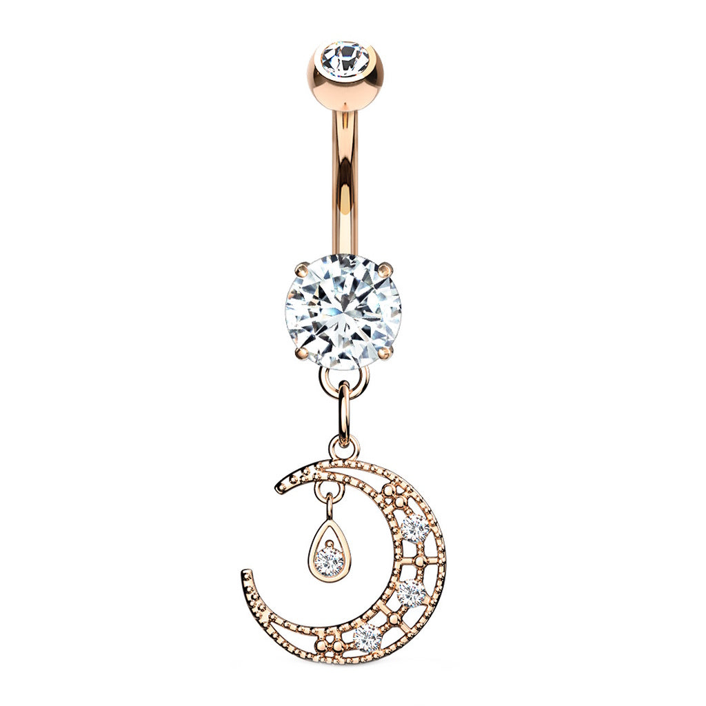 Crescent Moon CZ Dangle Belly Ring 14G 316L Surgical Steel