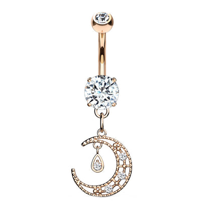 Crescent Moon CZ Dangle Belly Ring 14G 316L Surgical Steel