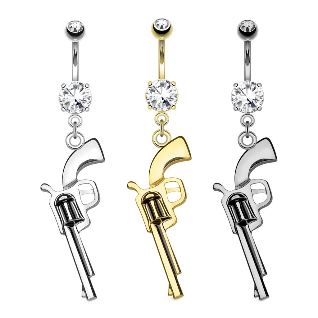 Revolver Gun Dangle Belly Button Ring 14G 316L Surgical Steel Hematite