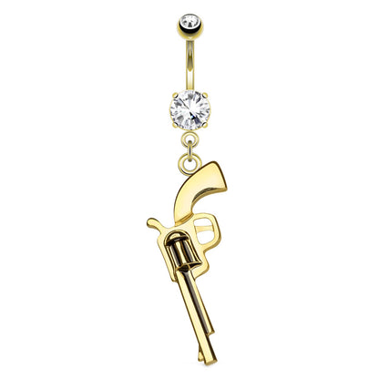 Revolver Gun Dangle Belly Button Ring 14G 316L Surgical Steel Hematite