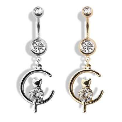 Cat Moon Dangle Belly Button Ring 14G 316L Surgical Steel