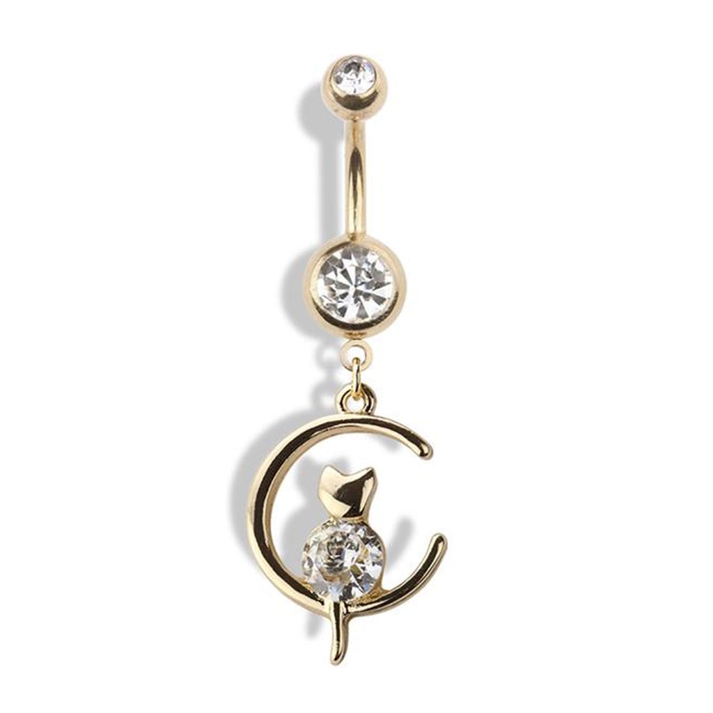Cat Moon Dangle Belly Button Ring 14G 316L Surgical Steel
