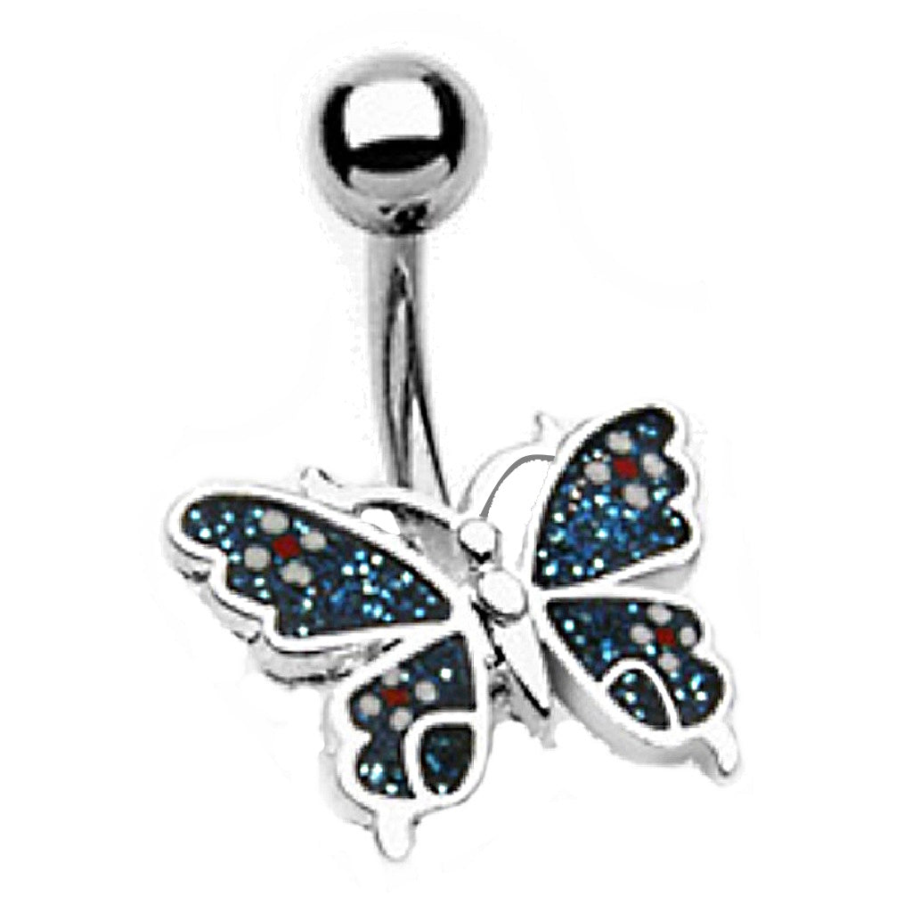 Blue Crystal Butterfly Belly Button Ring 14G 316L Surgical Steel Brass