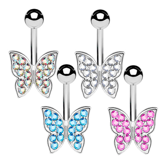 14 Gauge 316L Surgical Steel Crystal Butterfly Belly Ring - Choose From 4 Colors