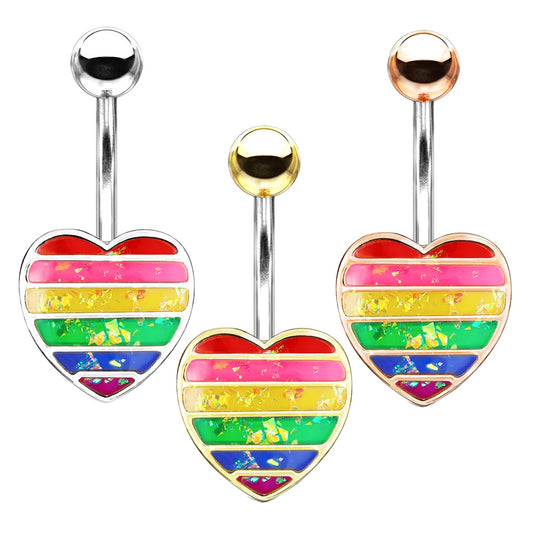 14G Surgical Steel Pride Rainbow Heart Belly Button Ring With Opalescent Inlay
