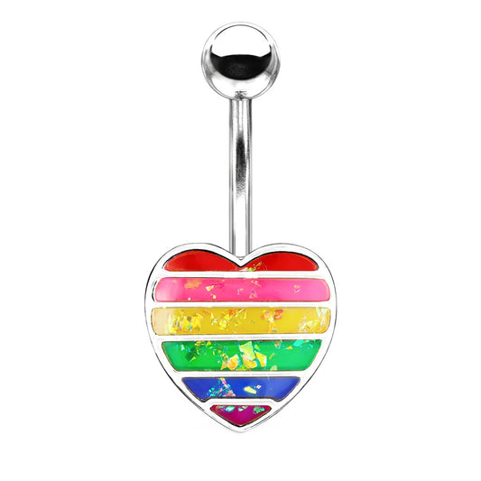 Pride Rainbow Heart Belly Button Ring 14G Surgical Steel Opalescent Inlay