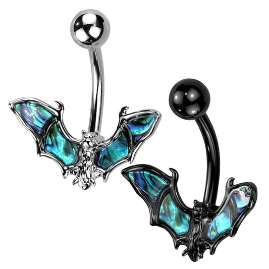 14 Gauge 316L Surgical Steel Gothic Bat Belly Button Ring With Abalone Wings