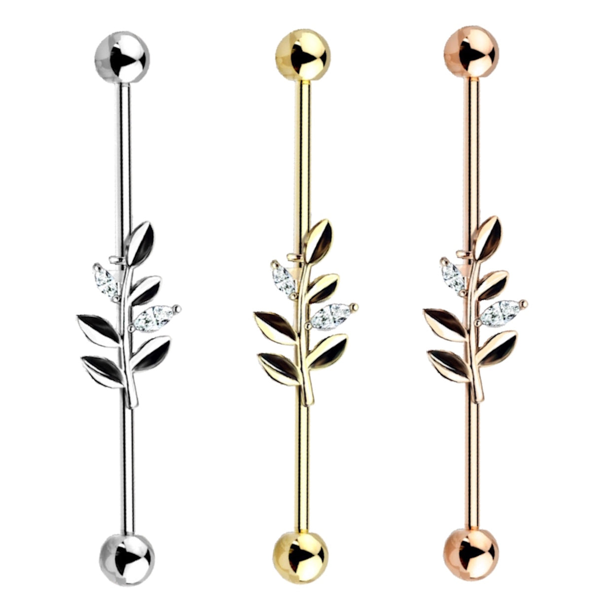 Leaf Branch CZ Industrial Barbell 14G 316L Surgical Steel