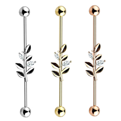 Leaf Branch CZ Industrial Barbell 14G 316L Surgical Steel