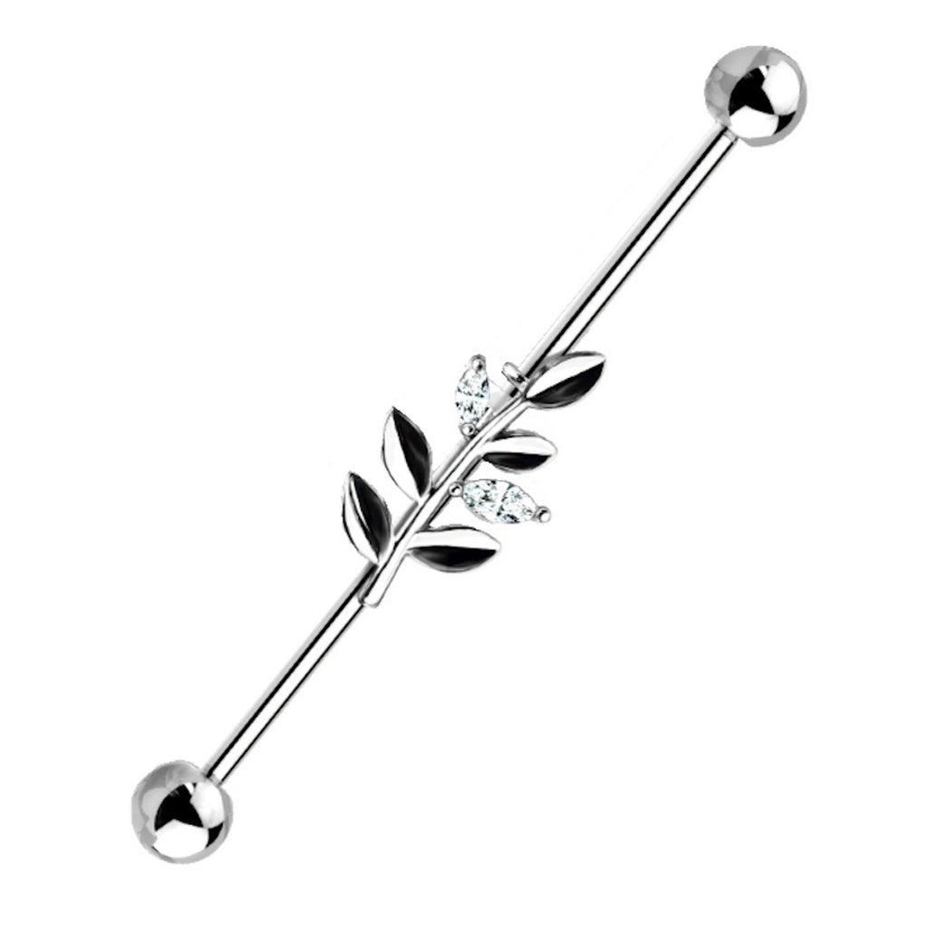 Leaf Branch CZ Industrial Barbell 14G 316L Surgical Steel