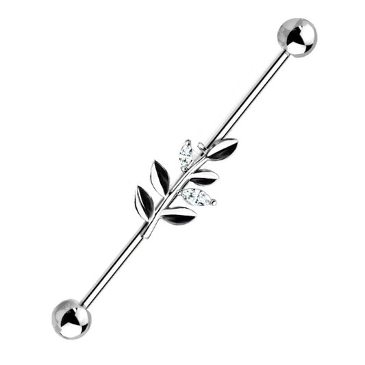 Leaf Branch CZ Industrial Barbell 14G 316L Surgical Steel