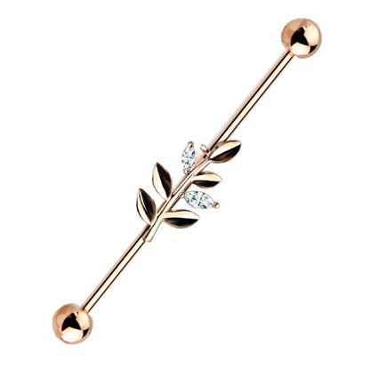 Leaf Branch CZ Industrial Barbell 14G 316L Surgical Steel