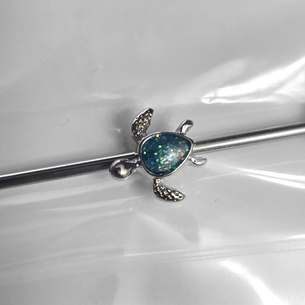 Sea Turtle Synthetic Opal Industrial Barbell 14G 316L Surgical Steel