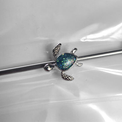 Sea Turtle Synthetic Opal Industrial Barbell 14G 316L Surgical Steel
