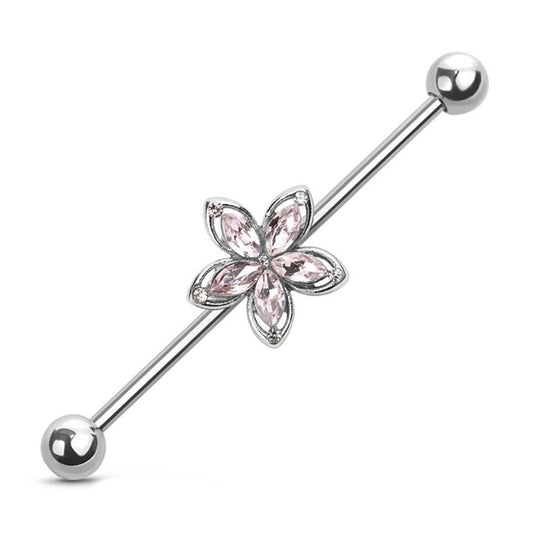 14G 316L Surgical Steel Pink Flower Industrial Bar with Marquise Cubic Zirconia
