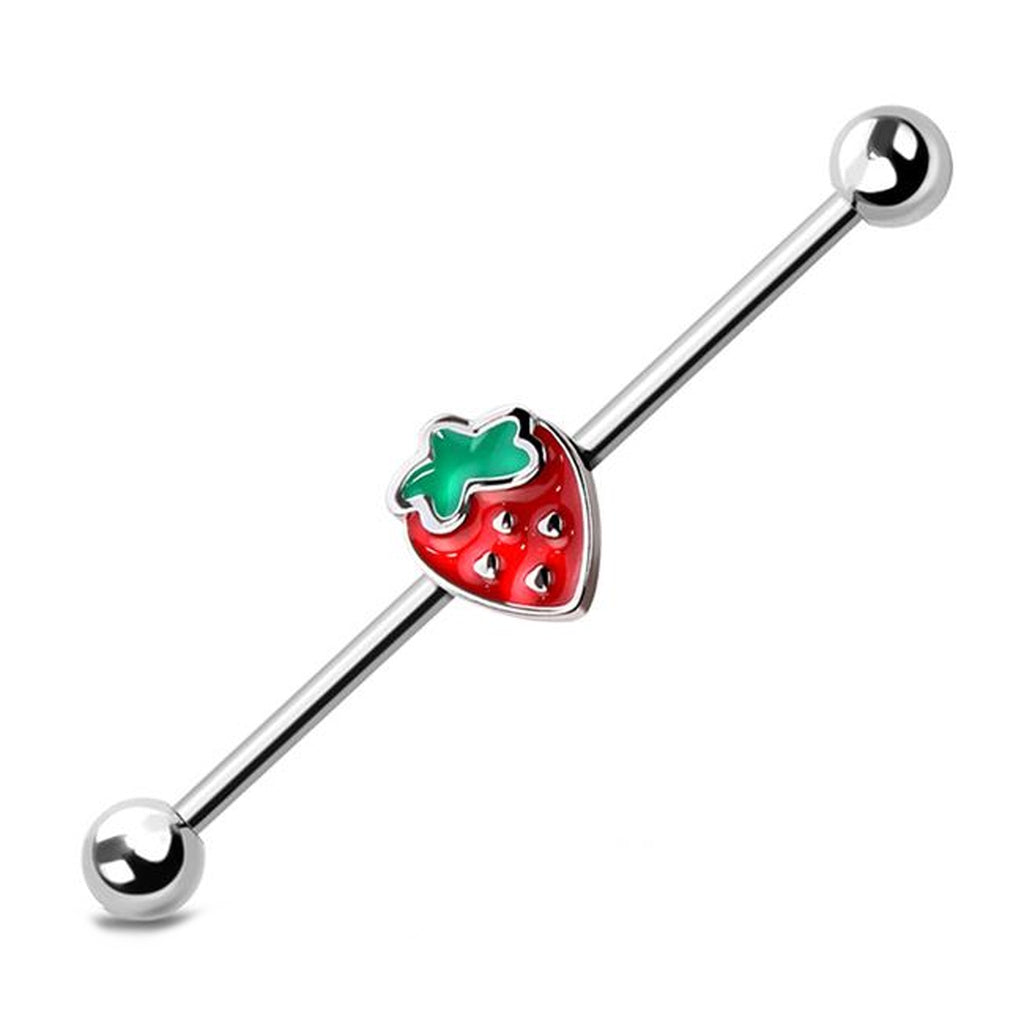 Strawberry Charm Industrial Barbell 14G 316L Surgical Steel Enamel Alloy