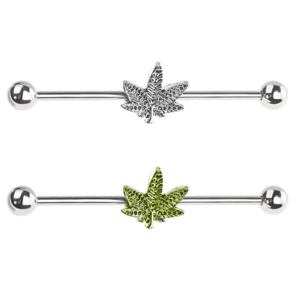 Cannabis Leaf Industrial Barbell 14G 316L Surgical Steel Silver Green