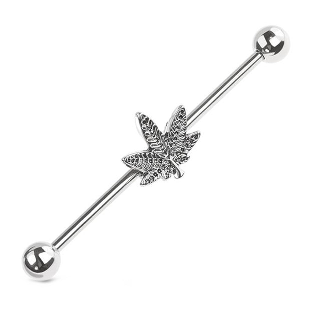 Cannabis Leaf Industrial Barbell 14G 316L Surgical Steel Silver Green