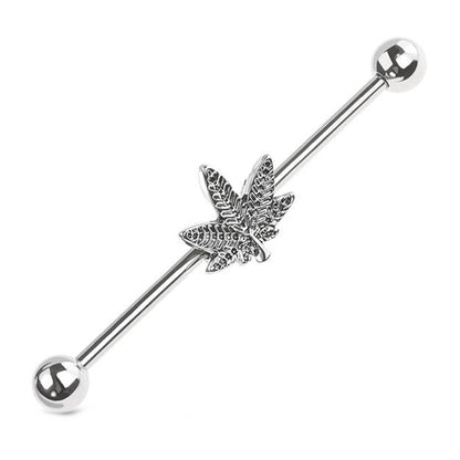 Cannabis Leaf Industrial Barbell 14G 316L Surgical Steel Silver Green