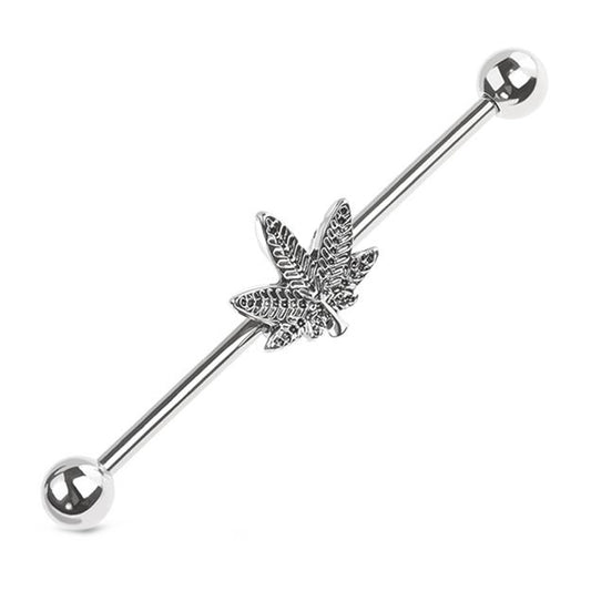 Cannabis Leaf Industrial Barbell 14G 316L Surgical Steel Silver Green
