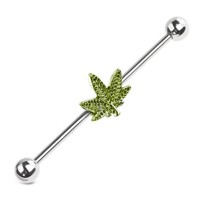 Cannabis Leaf Industrial Barbell 14G 316L Surgical Steel Silver Green