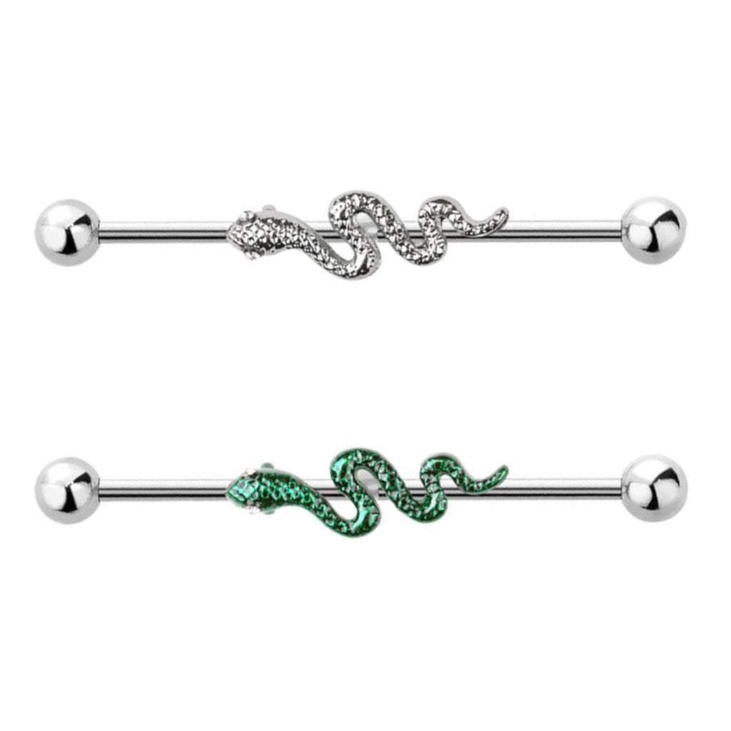 Snake Industrial Barbell 14G 316L Surgical Steel Alloy Silver Green