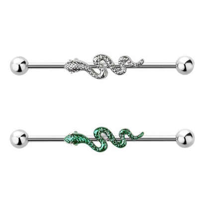 Snake Industrial Barbell 14G 316L Surgical Steel Alloy Silver Green
