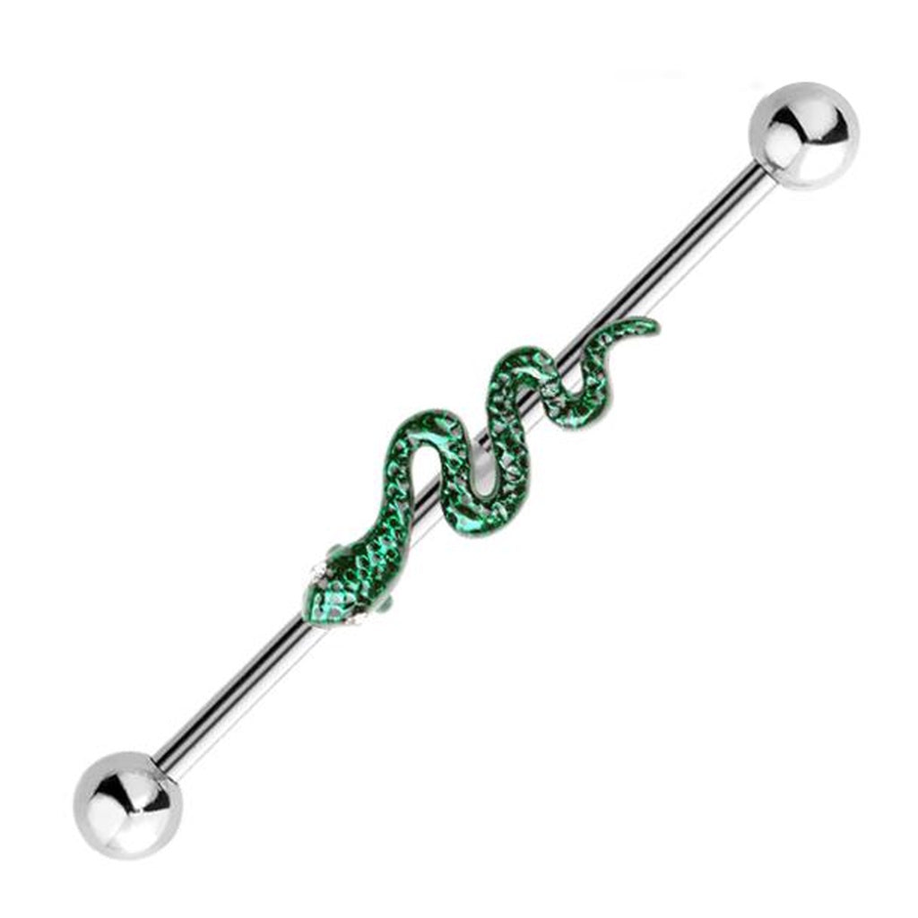 Snake Industrial Barbell 14G 316L Surgical Steel Alloy Silver Green
